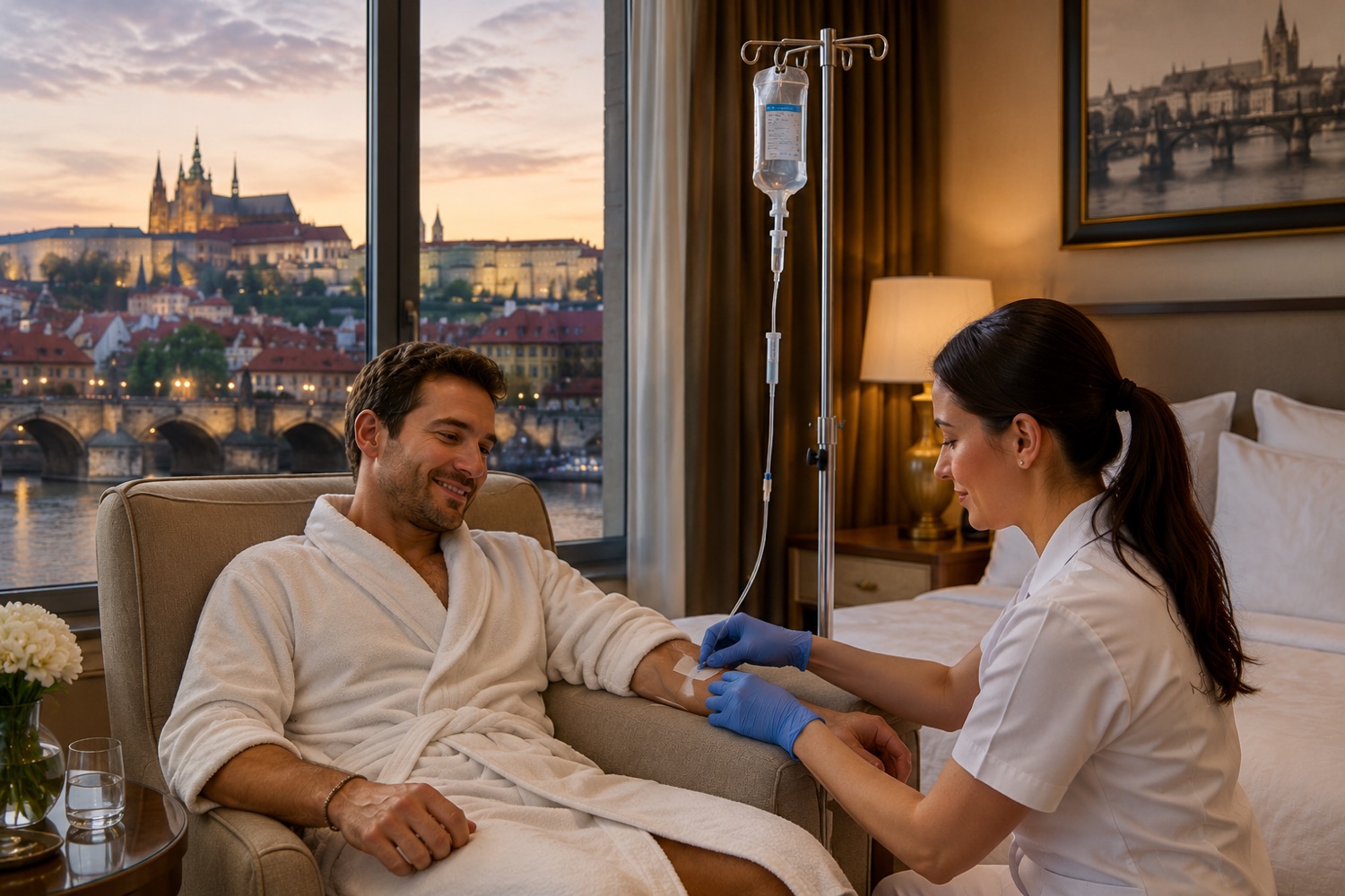 A nurse administering an IV drip to a guest in a Prague hotel room at sunset