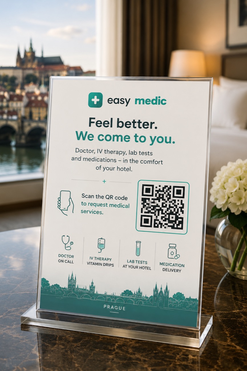 easymedic QR standee in a Prague hotel room