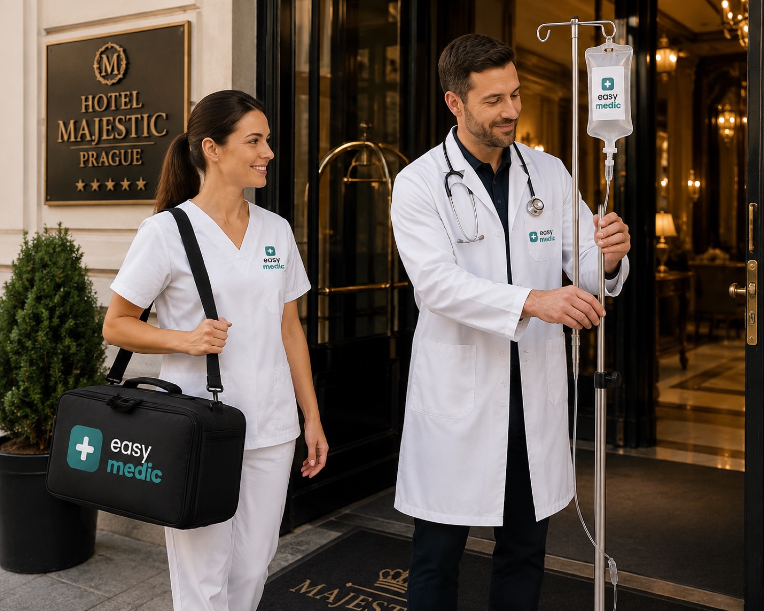 easymedic doctor and nurse arriving at a Prague hotel